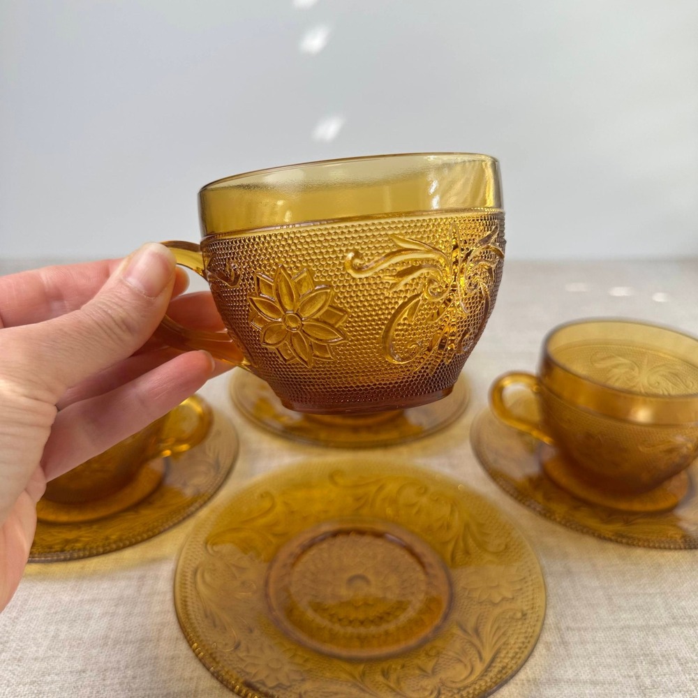 Vintage Tiara Indiana Glass Amber Sandwich Cups & Saucers Set of 4